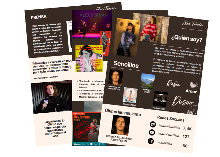 Press kit or EPK made for the Madrid, Spain Artist: Alex Ferrán. There you have all the information of the artist and the releases.