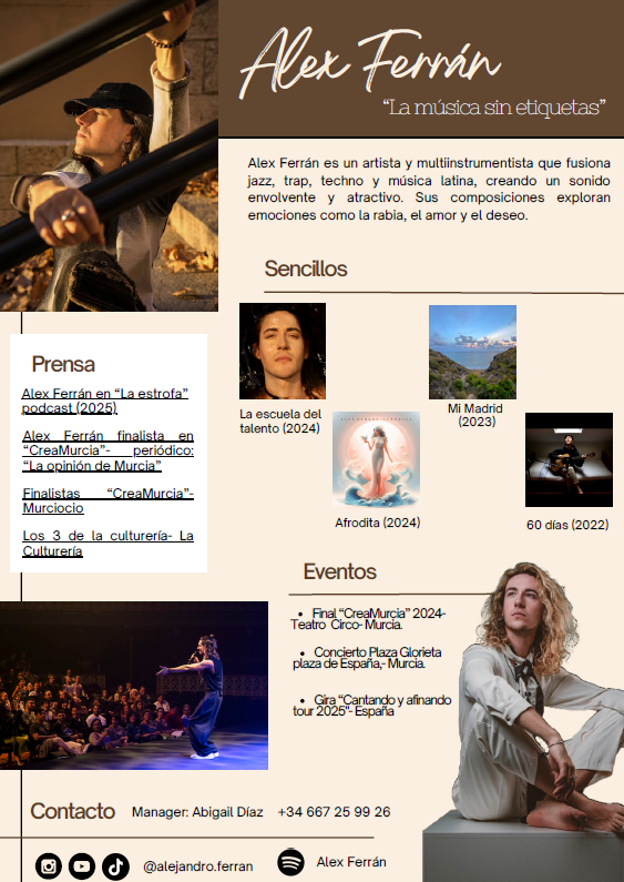 One Sheet made for the artist: Alex Ferrán. Music Marketing.