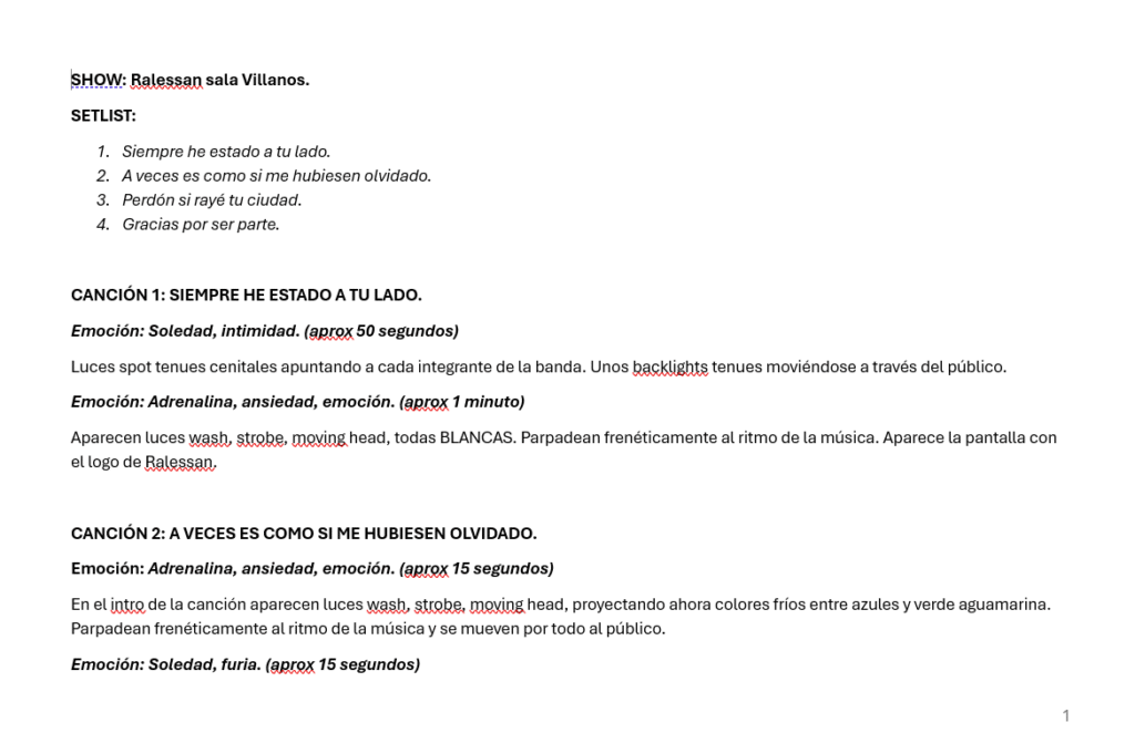 Cue sheet made for Ralessan performance at TAI EMERGENTE